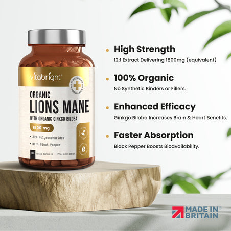 Organic Lion's Mane Capsules With Ginkgo Biloba and Black Pepper