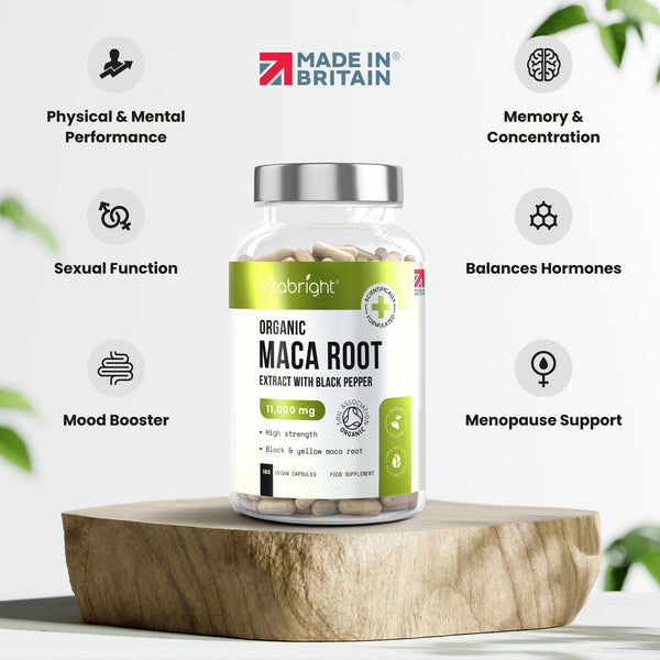 How Maca Root Can Improve Stamina and Wellbeing Naturally 1 Bottle of Maca Root supplement with branding and product features on a white background_en