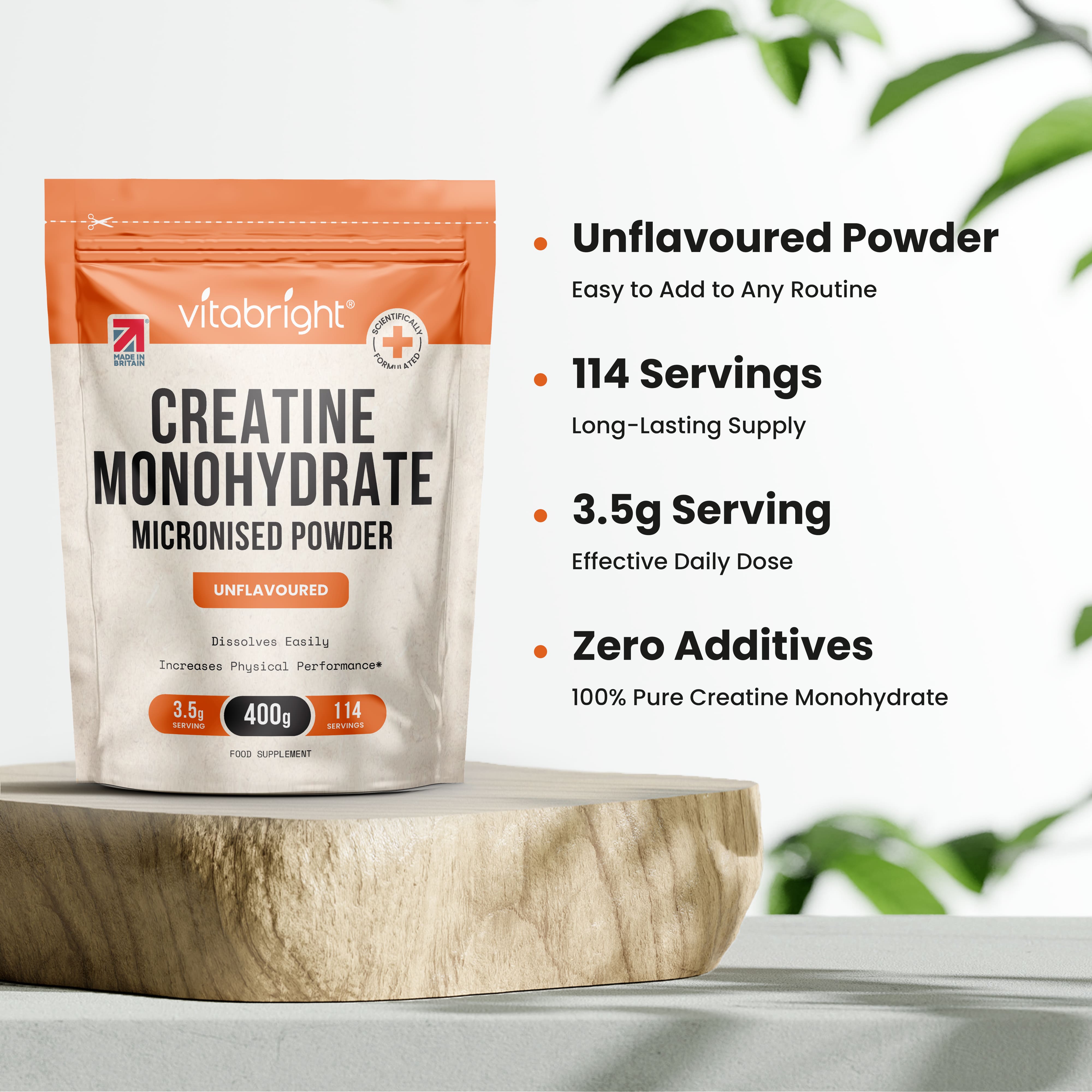 Vitabright Creatine Monohydrate Micronised Powder package with product details on a wooden block_en