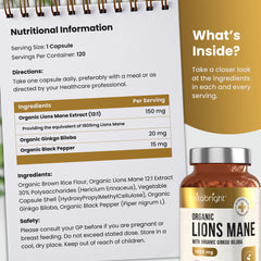 Organic Lion's Mane Capsules With Ginkgo Biloba and Black Pepper