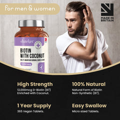 Biotin 12,000µg, 365 Tablets with Coconut