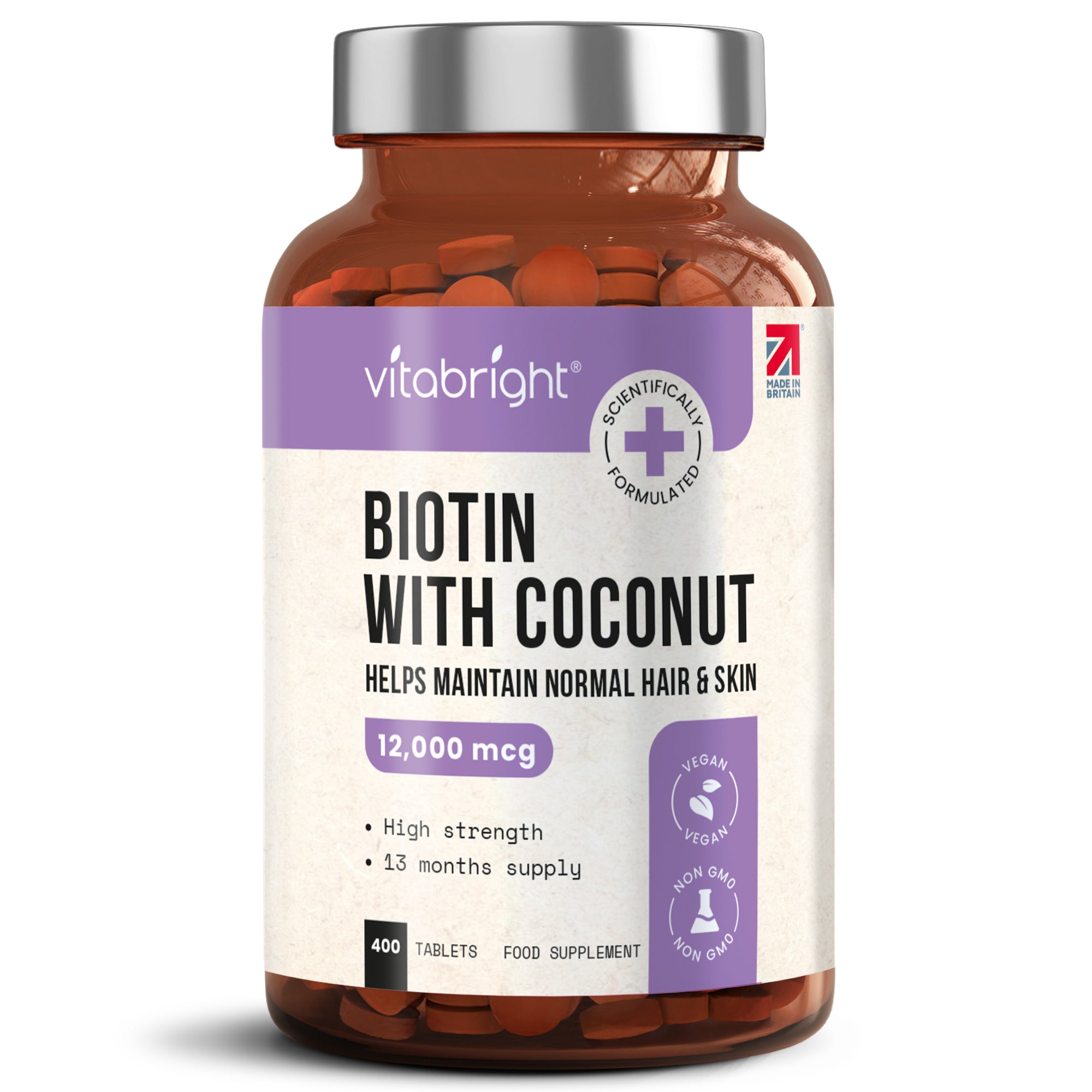 A bottle of VitaBright Biotin 12,000mcg tablets with coconut, labeled as a food supplement for maintaining normal hair and skin_en