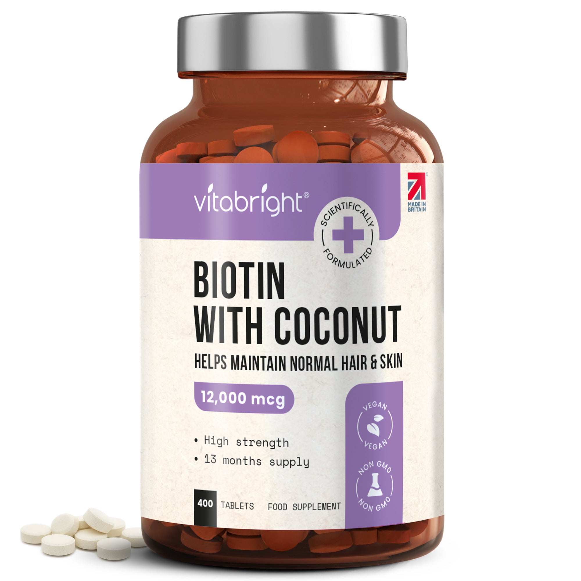 Vitabright Biotin with Coconut supplement bottle with tablets on a white background_en