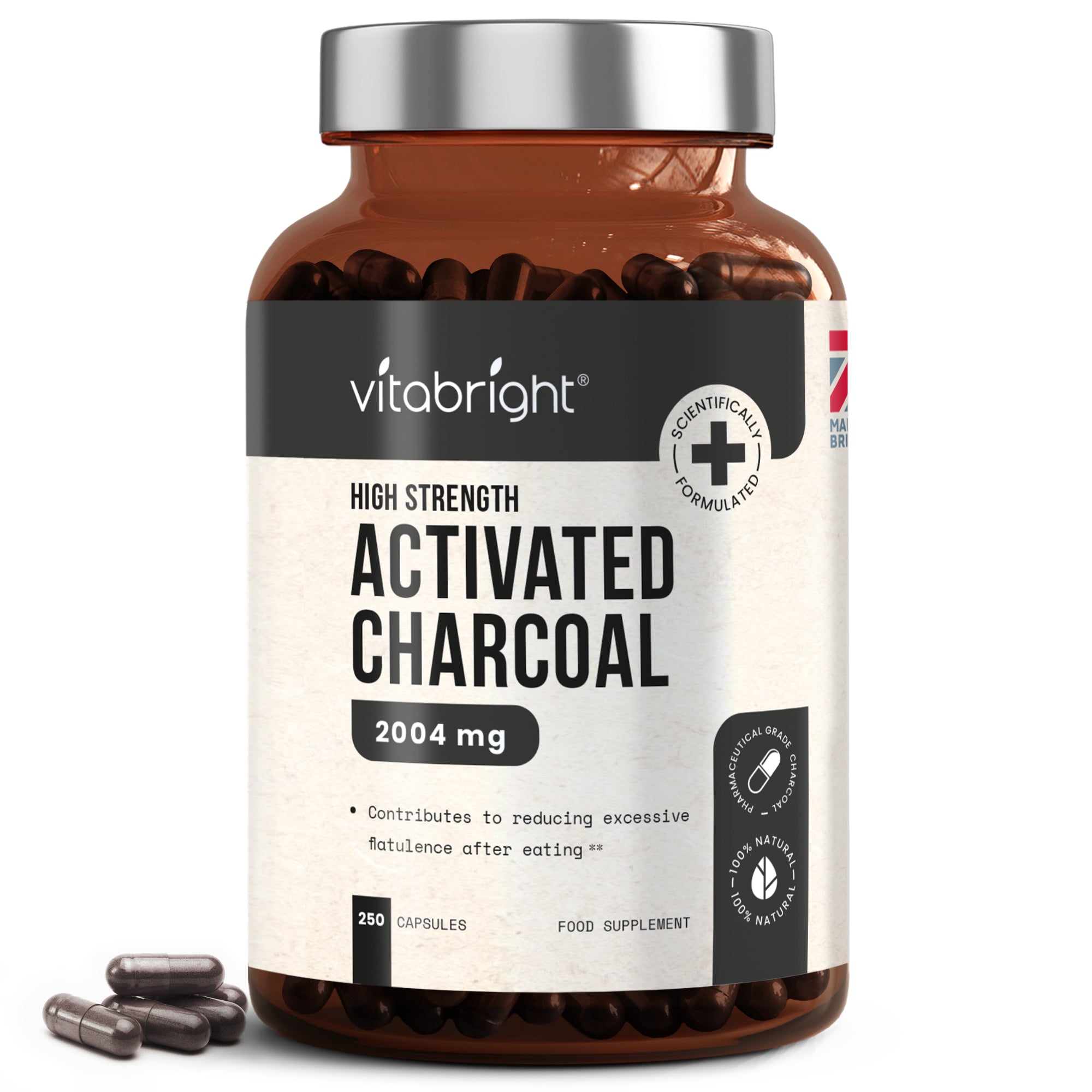 Vitabright high strength activated charcoal supplement bottle on a white background_en