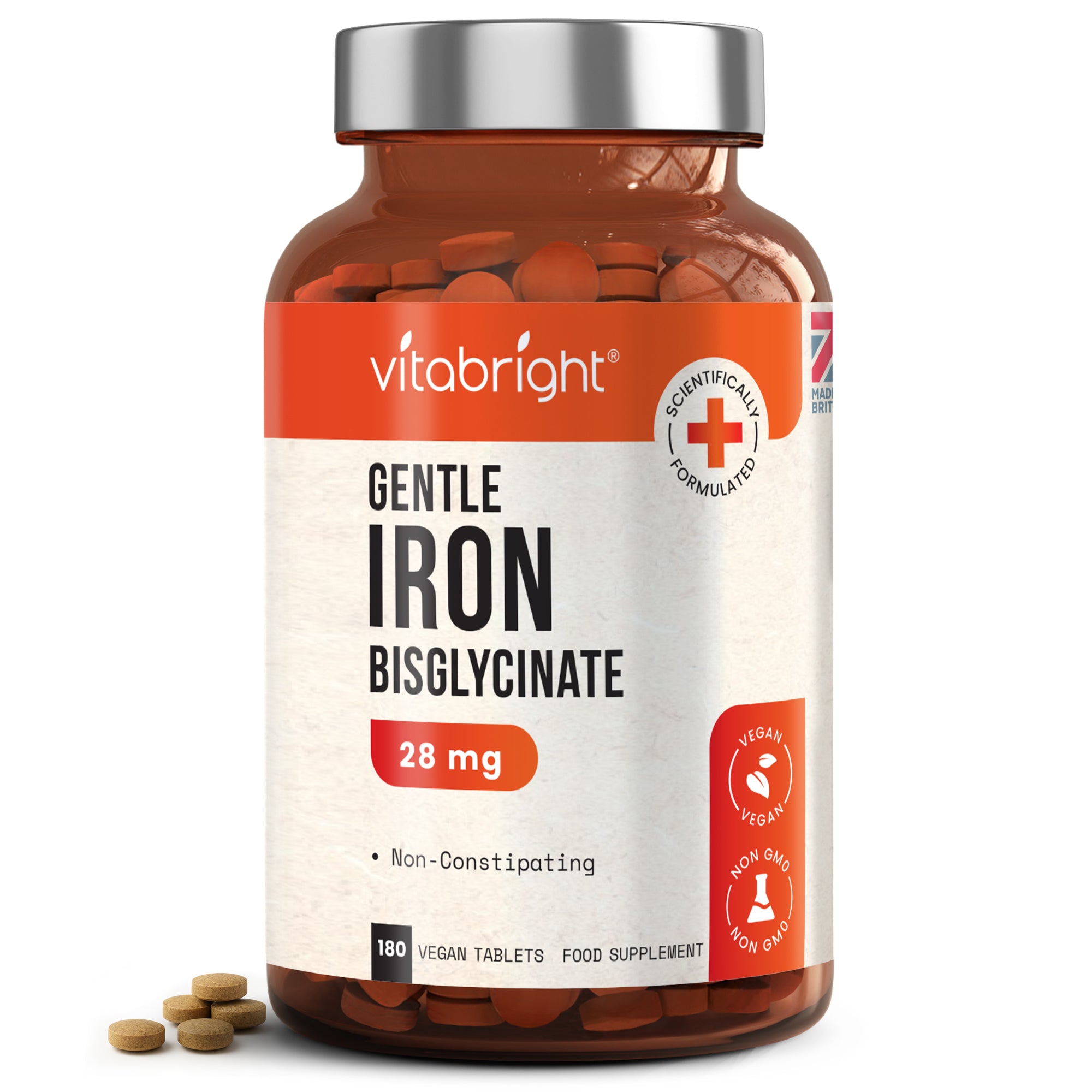 Vitabright Gentle Iron Bisglycinate supplement bottle with tablets on a white background_en