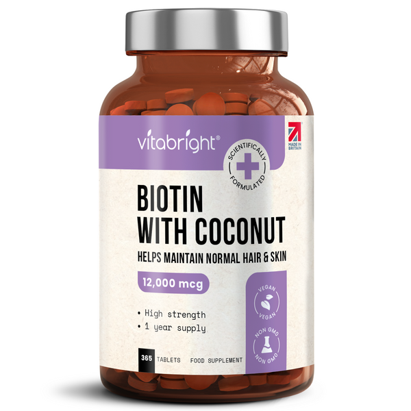 A Bottle of VitaBright Biotin Tablets on a white background